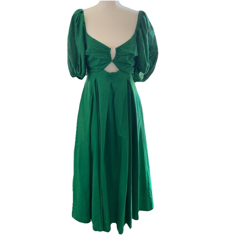 House of Harlow 1960 Green Puff Sleeve Midi Dress Linen Blend Size Small